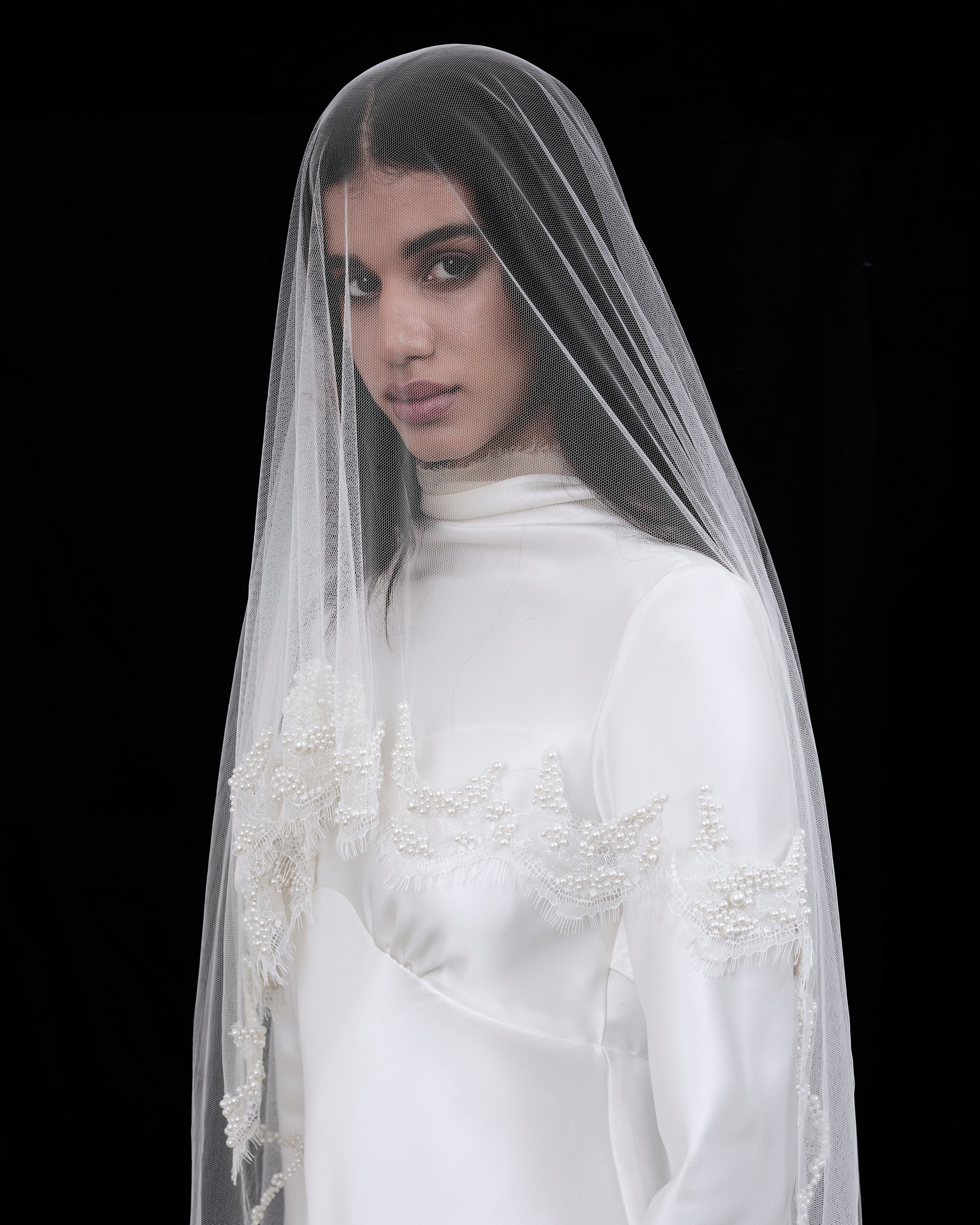 pearl veil with lace dress Lace Wedding Dress with Shoulder Veil Floral Wedding Dress with Pearl Embellishments and Sheer Floral Bodice Plus Size Size 18W