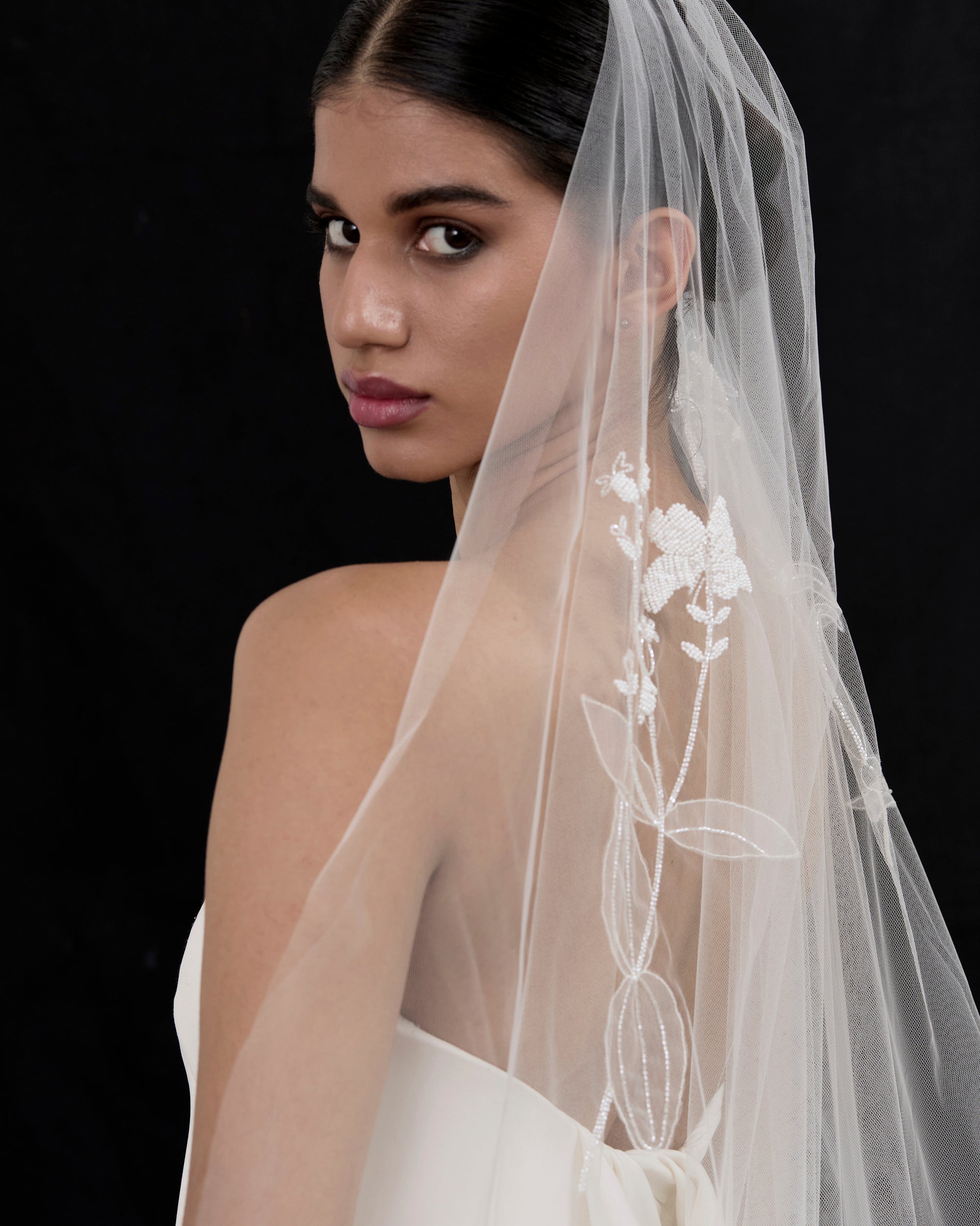 VALERIA BEADED BOTANICALS EMBROIDERED VEIL