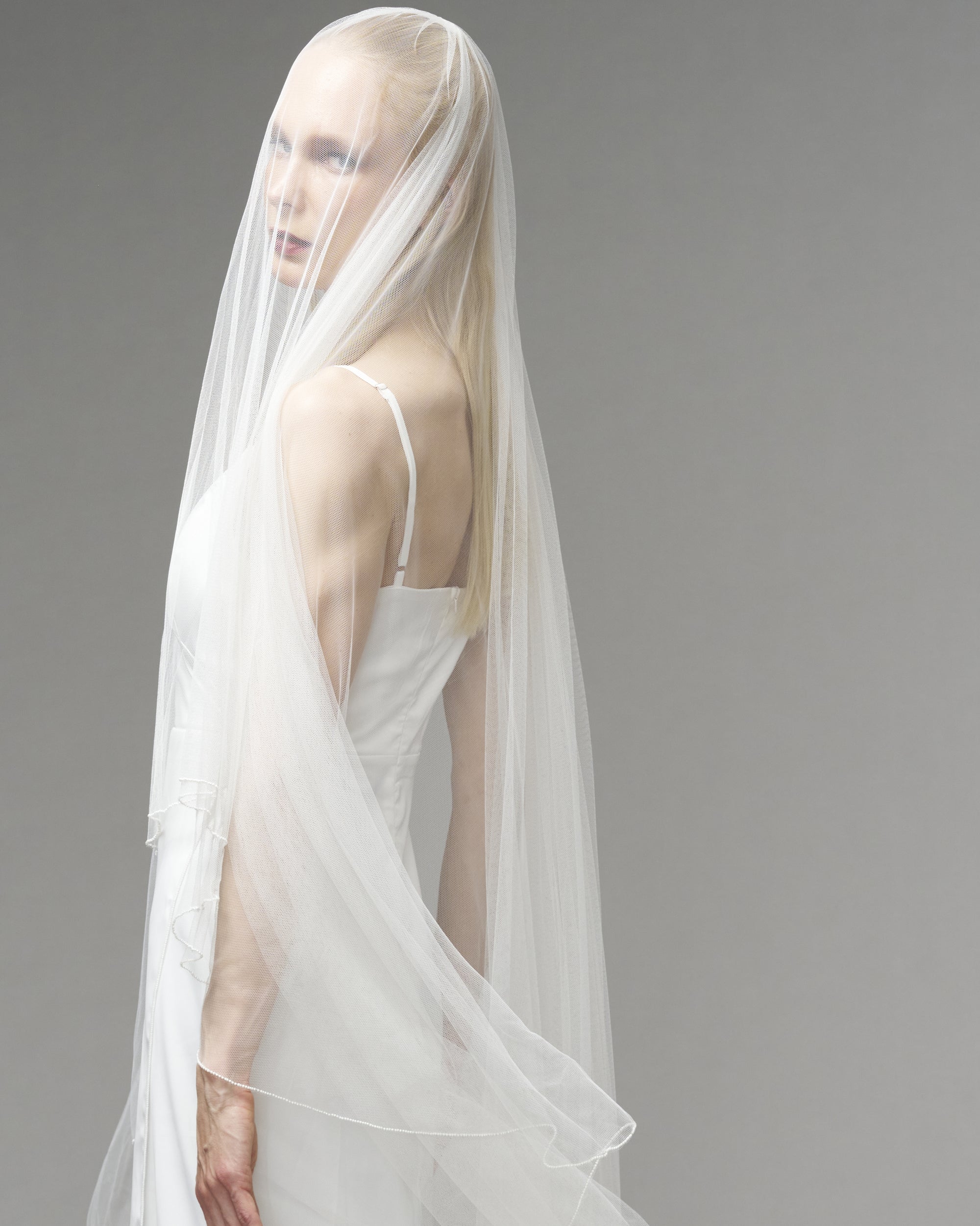 RTS.- ECO TULLE // FINE BEADED WALTZ LENGTH 72" + 30" BLUSHER // LIGHT IVORY