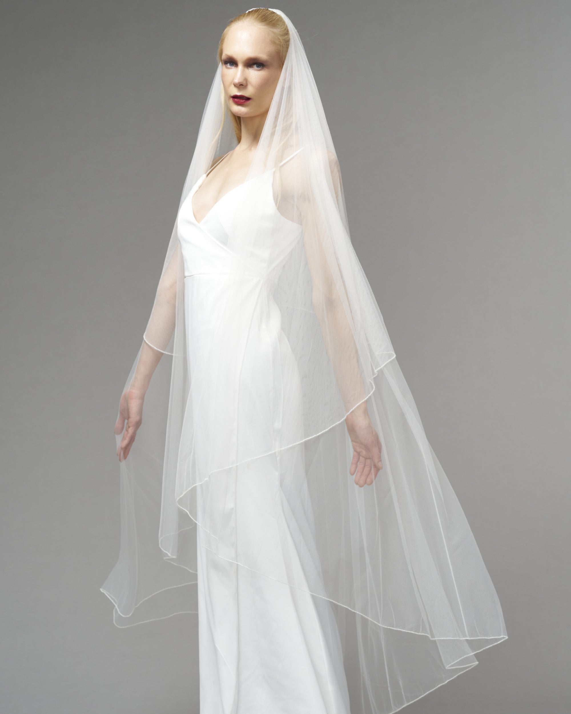 RTS.- ECO TULLE // FINE BEADED WALTZ LENGTH 72" + 30" BLUSHER // LIGHT IVORY