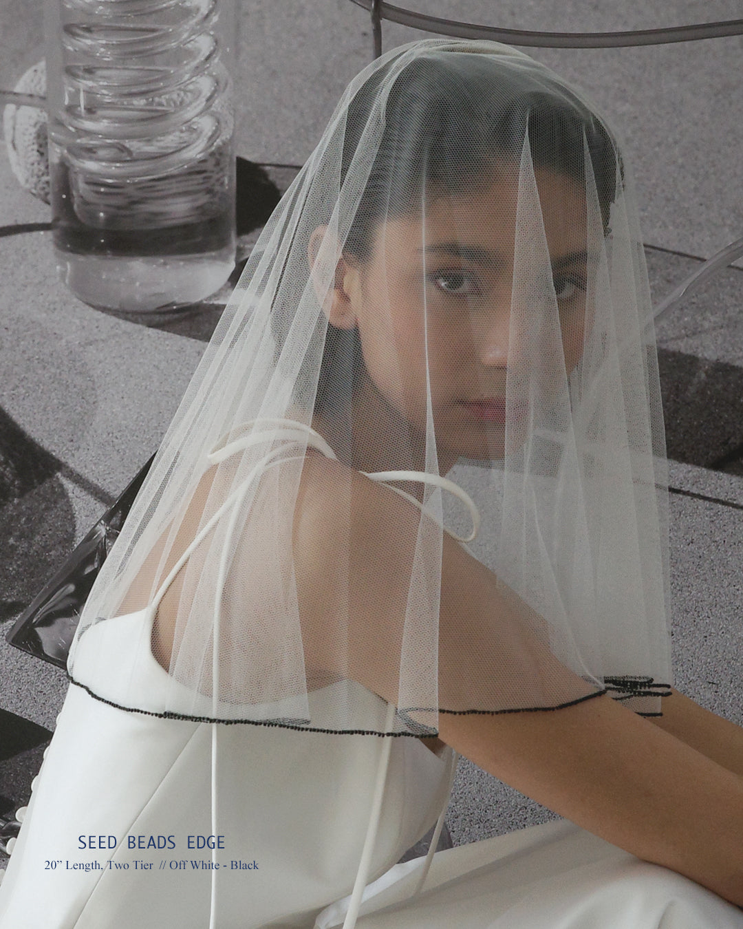 ECO TULLE // BLACK SEED BEADS EDGE  20" VEIL // OFF-WHITE - Ofrenda Studio