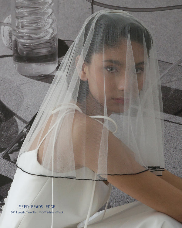 ECO TULLE // BLACK SEED BEADS EDGE  20" VEIL // OFF-WHITE - Ofrenda Studio