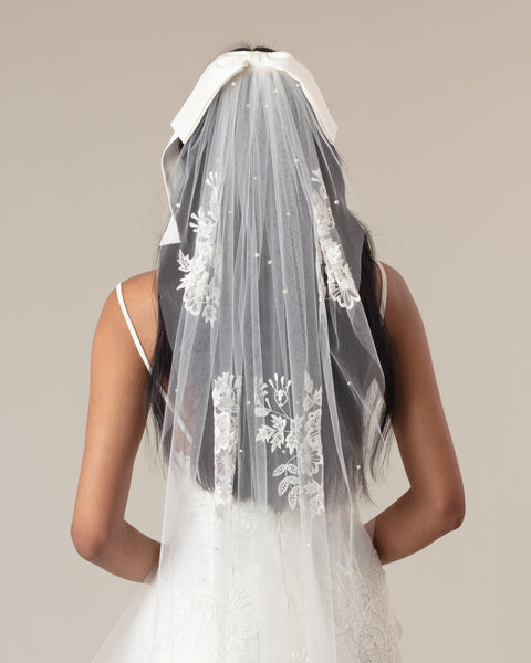 CONDESA EMBROIDERED BOW VEIL - Ivory