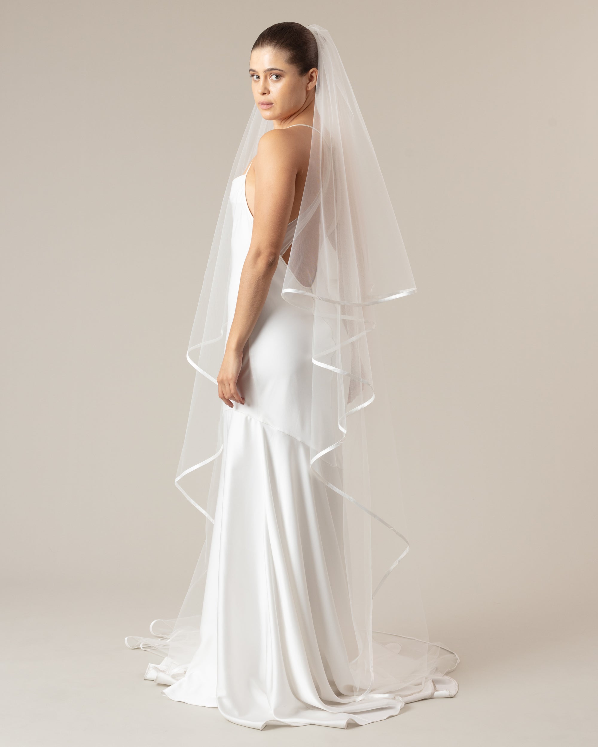 satin dress with veil Satin Edged Cathedral Wedding Veil with Simple Blusher Blush / custom