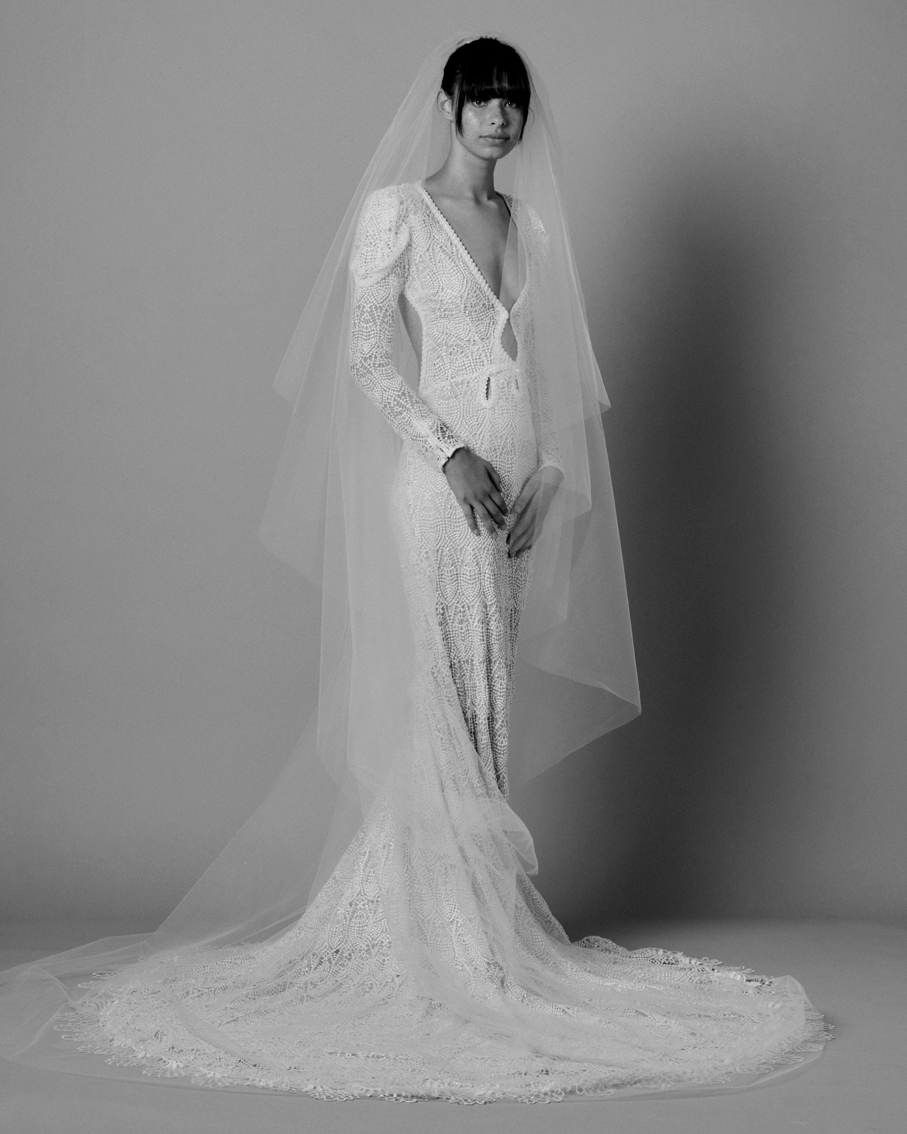 ENGLISH TULLE // RAW EDGE CATHEDRAL LENGTH 118" + 30" STANDARD BLUSHER // IVORY