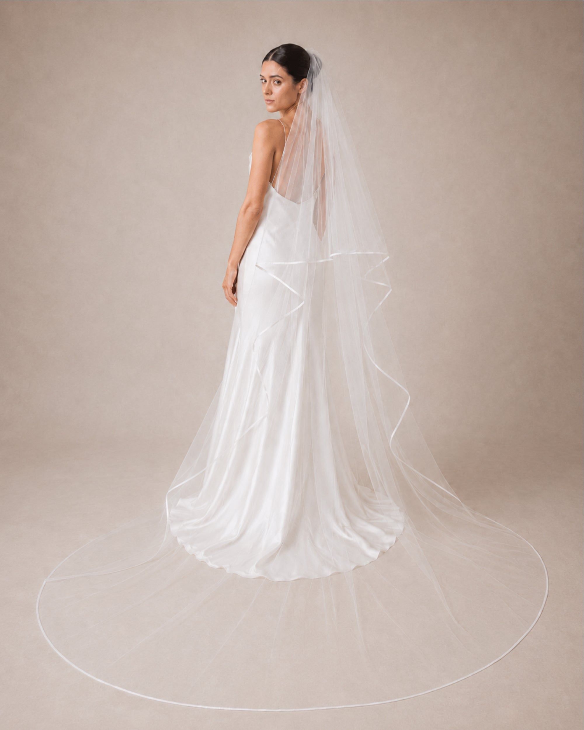 RTS.- The Narrow Satin Edge Veil // 118" & 108" + 30" BLUSHER - Ofrenda Studio