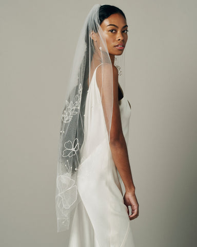 Contemporary hand-embroidered, beaded silk bridal bow veil-Claude Bridal  Studio