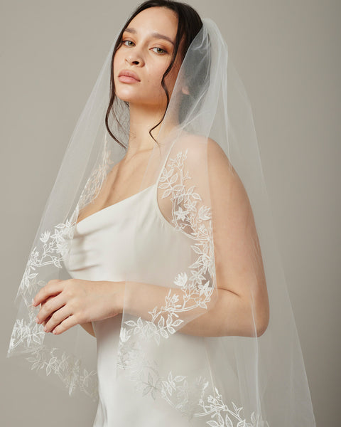 Fingertip Length Veil with Floral Embroidery Adornments V 3336